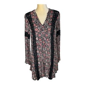 Knox Rose Black and Pink Floral Bell‎ Sleeve Tunic Dress Peasant Size Small
